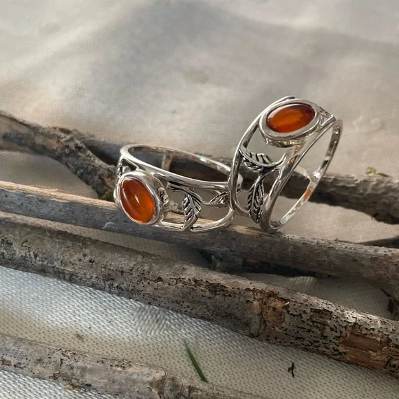 925 Sterling Silver Ring!!pretty folliage Band with Natural carnelian! Us: 7,8,9 - Picture 6 of 15